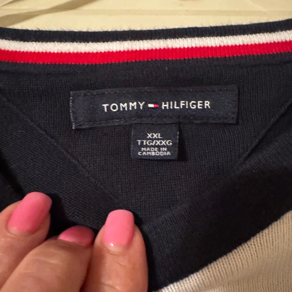 Tommy Hilfiger Mens XXL Striped Crewneck Sweater Navy White Cotton Knit Logo